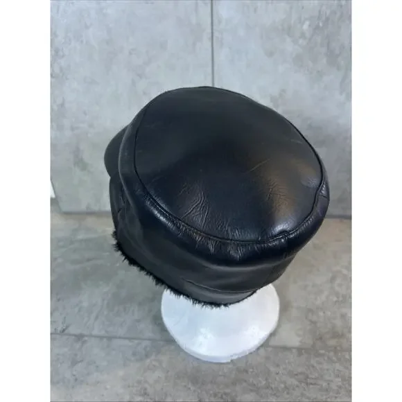 Vintage Leather Football Cap Brass Shield Ear Flaps Lined Size M Black